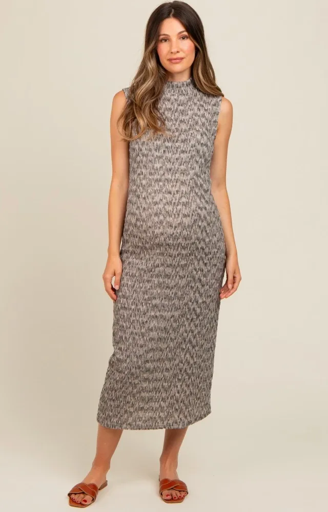 Grey Textured Knit Mock Neck Maternity Midi Dress