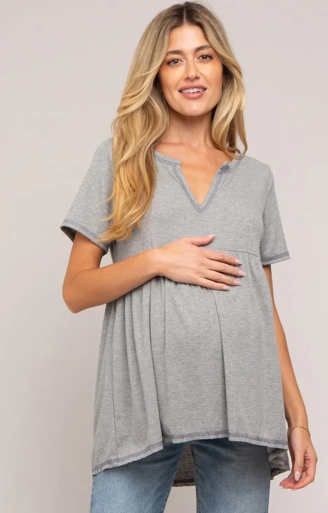 Grey V Neck Maternity Top