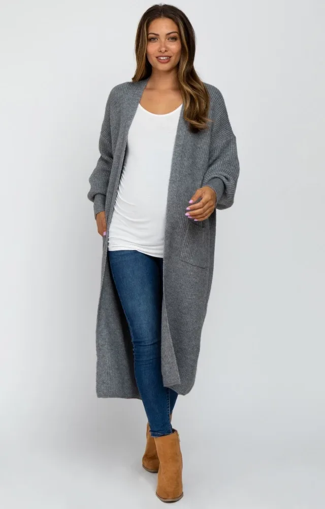 Heather Grey Bubble Sleeve Long Maternity Cardigan