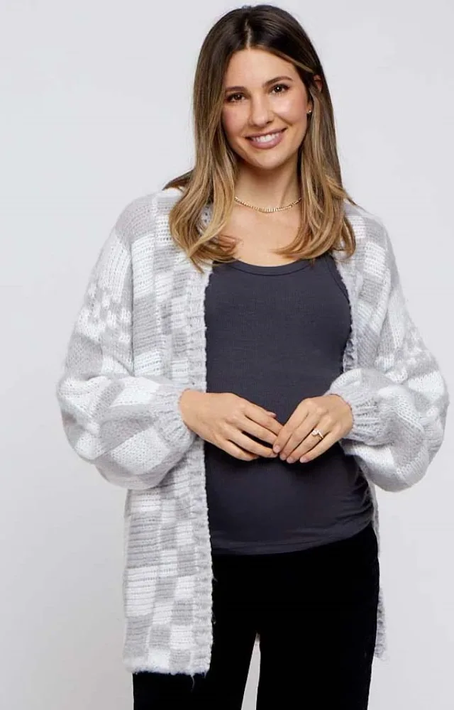 Heather Grey Checkered Maternity Cardigan Sweater