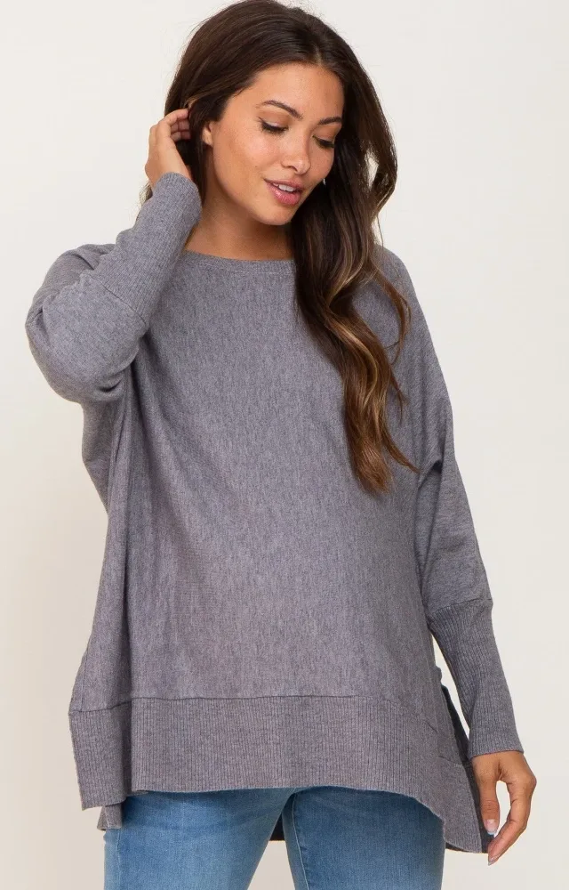 Heather Grey Dolman Sleeve Side Slit Maternity Sweater