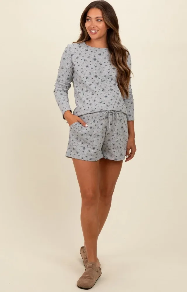 Heather Grey Floral Waffle Knit Maternity Shorts Set