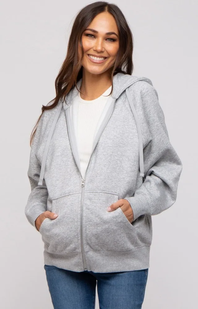 Heather Grey Front Zipper Hooded Maternity Sweater