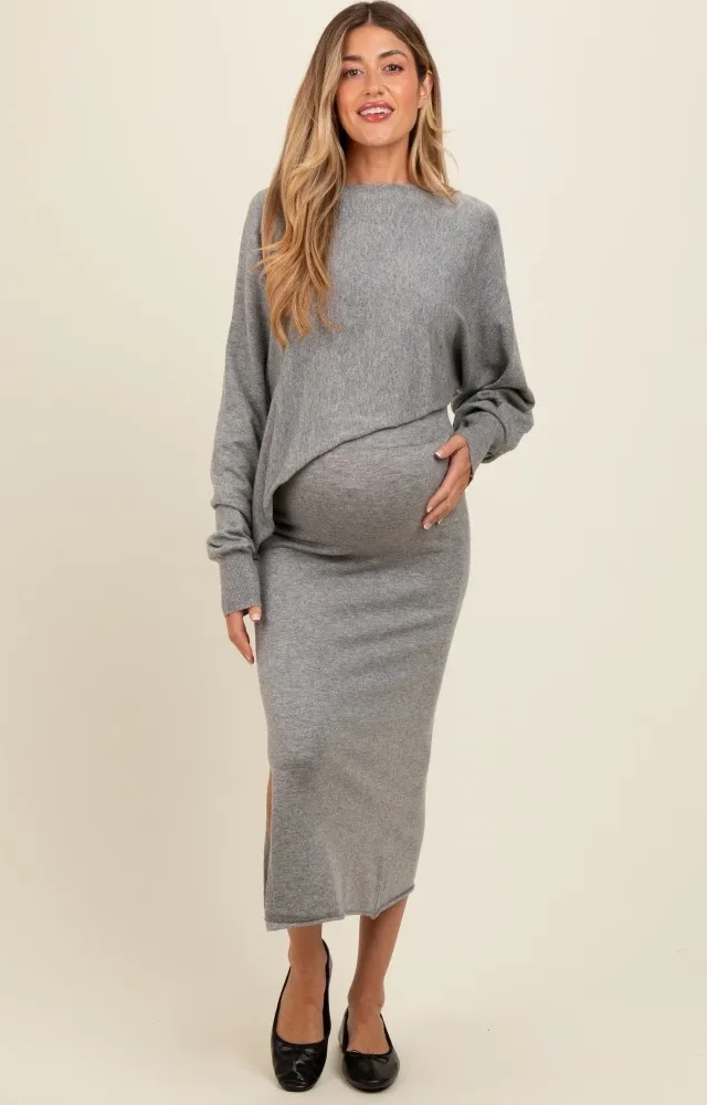 Heather Grey Knit Asymmetrical Top Midi Skirt Maternity Set