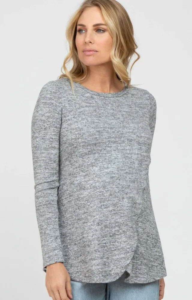 Heather Grey Knit Layered Front Maternity/Nursing Top