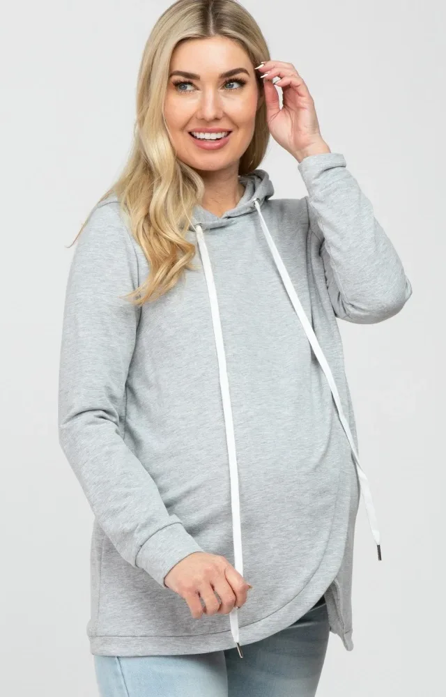 Heather Grey Layered Front Maternity/Nursing Fleece Hoodie