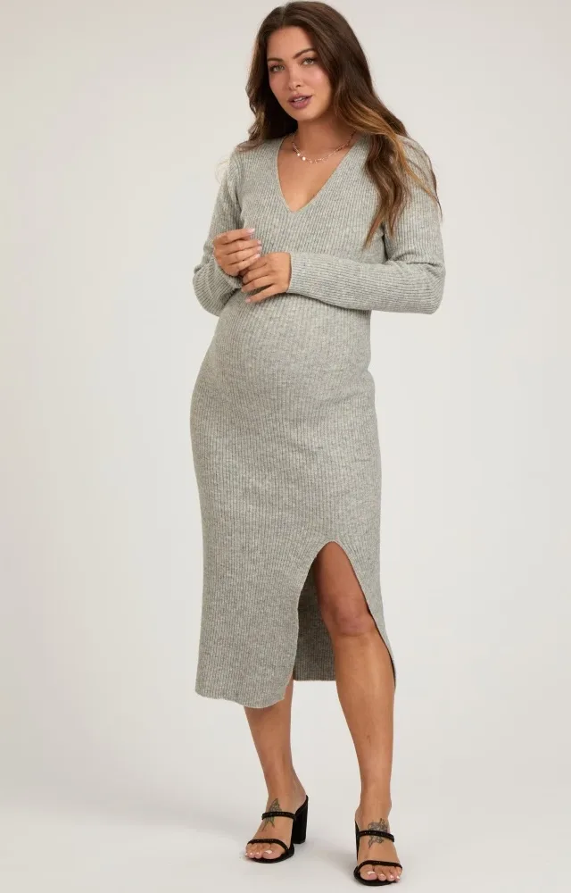 Heather Grey Long Sleeve Front Slit Maternity Sweater Maxi Dress