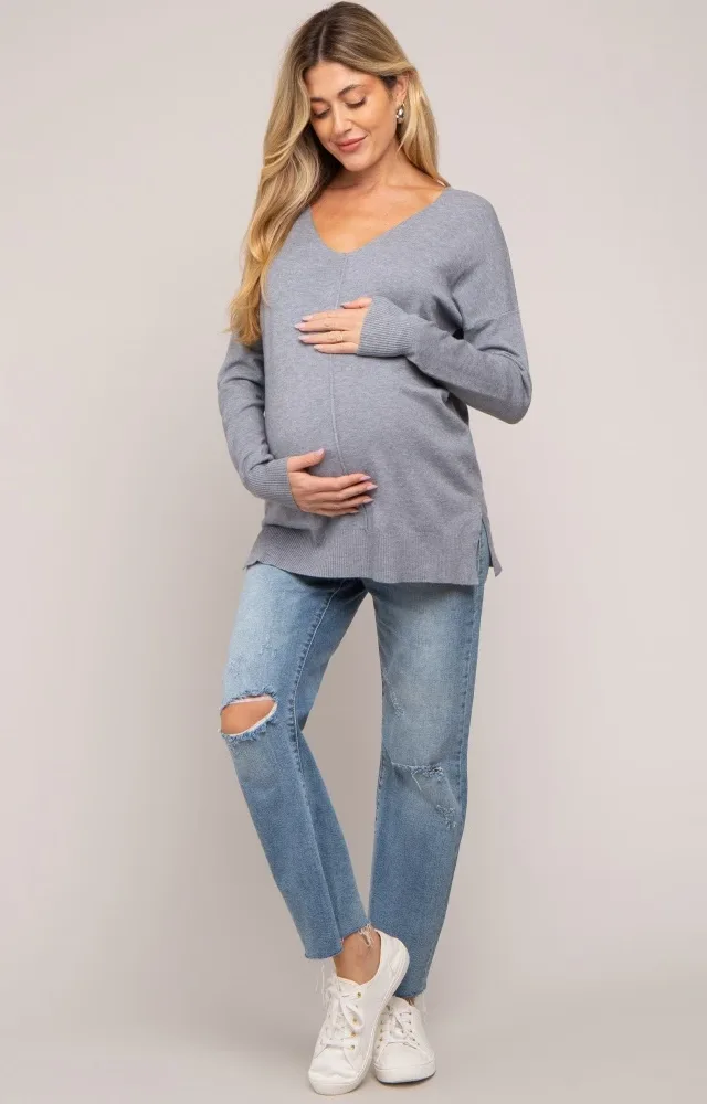 Heather Grey Long Sleeve Side Slit Maternity Sweater