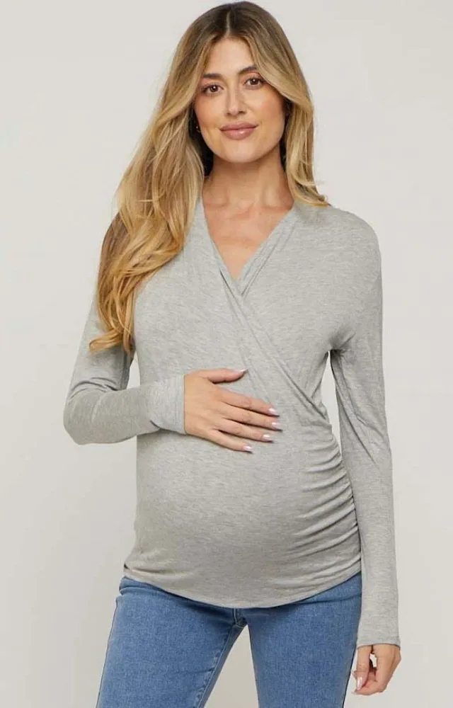 Heather Grey Long Sleeve Wrap Maternity Nursing Top