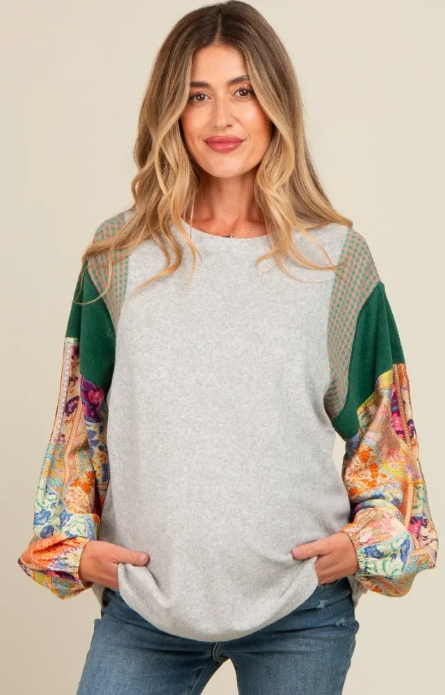 Heather Grey Mixed Print Bubble Sleeve Maternity Top