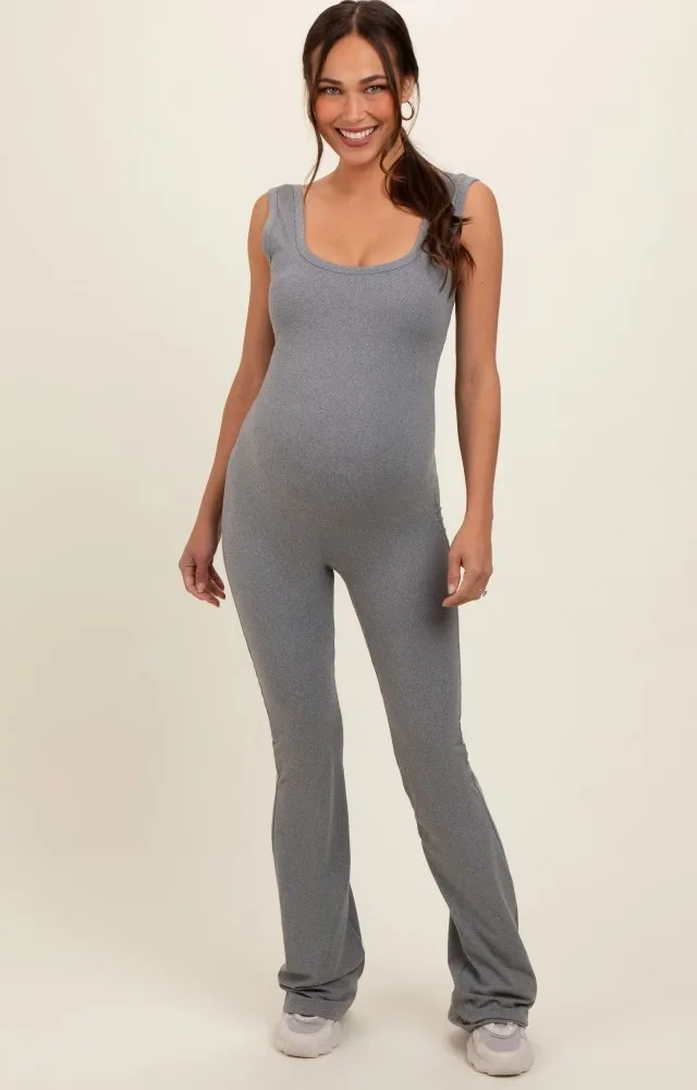 Heather Grey Open Back Ruched Sleeveless Maternity Jumpsuit