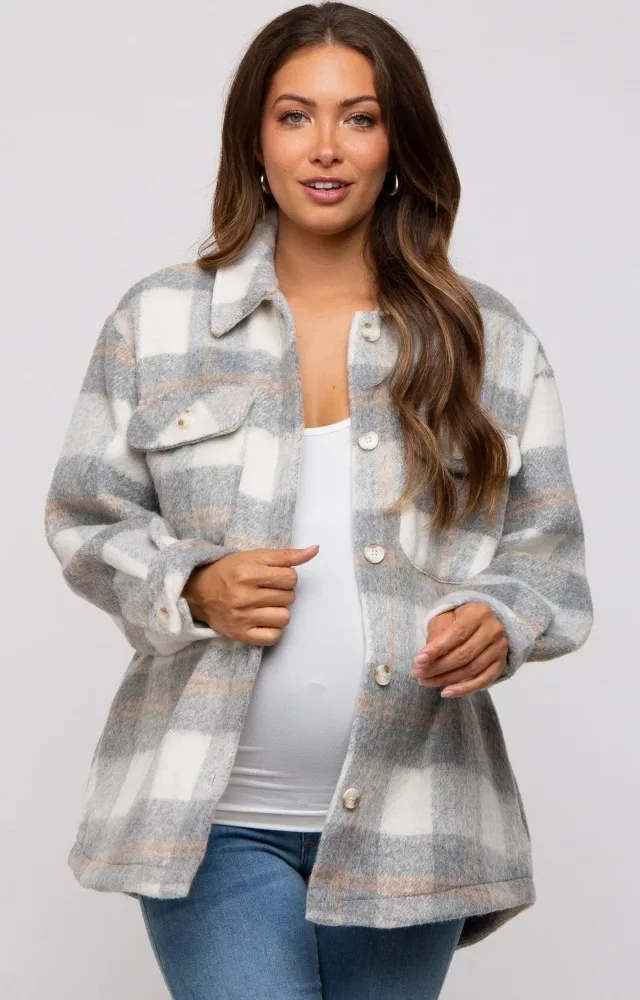 Heather Grey Plaid Fuzzy Button Up Maternity Jacket