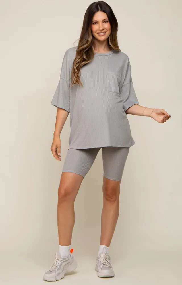 Heather Grey Ribbed Biker Short Maternity Sleep Set