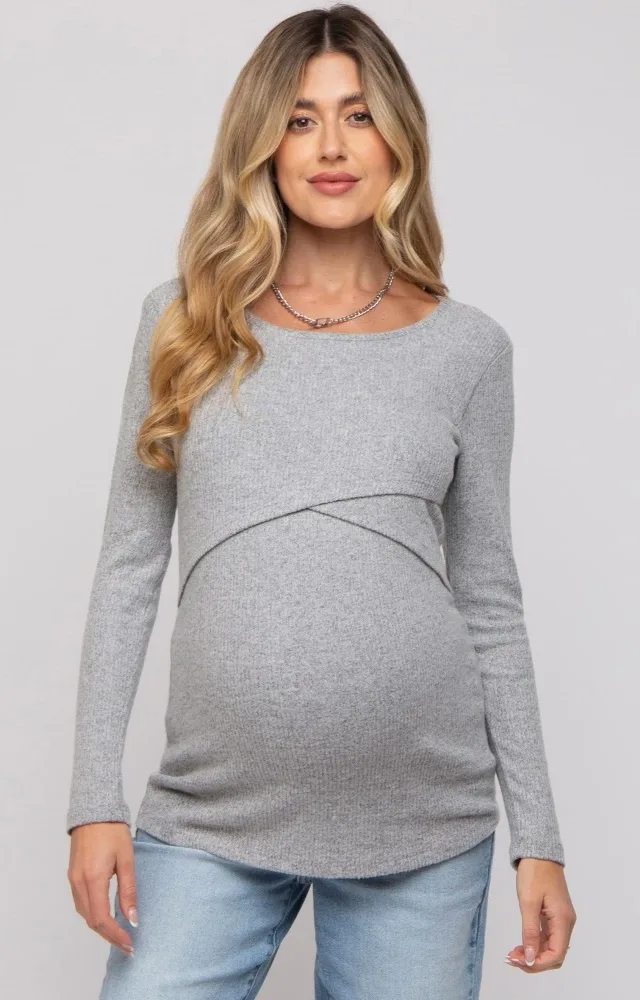 Heather Grey Ribbed Crossover Maternity/Nursing Top