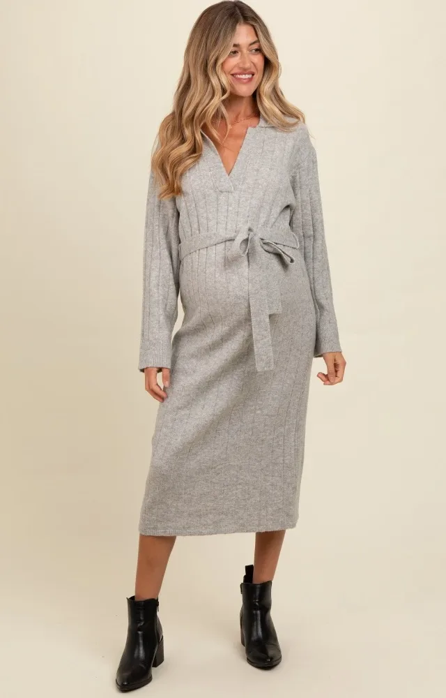 Heather Grey Ribbed Sweater Collared Maternity Midi Dress