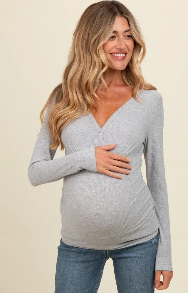 Heather Grey Ribbed V-Neck Long Sleeve Maternity Top