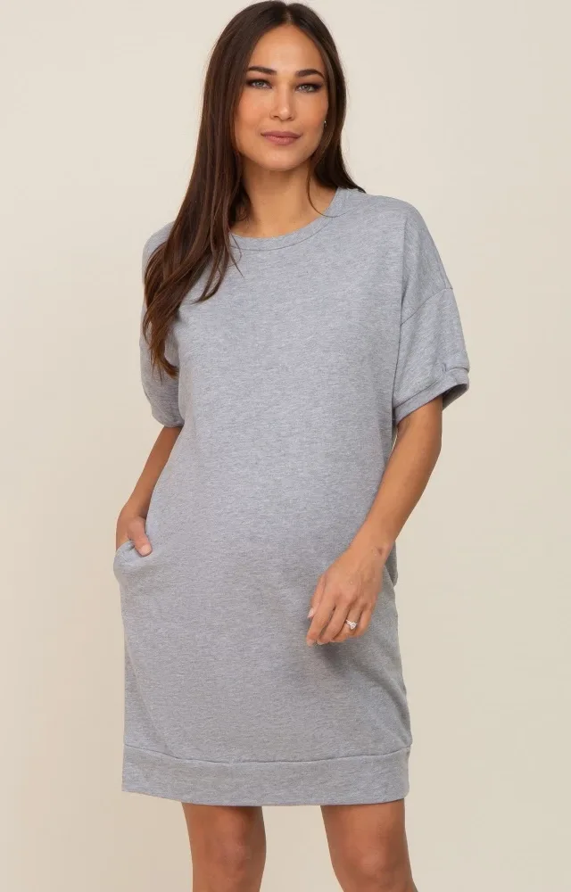 Heather Grey Short Sleeve Oversized Maternity T-Shirt Dress