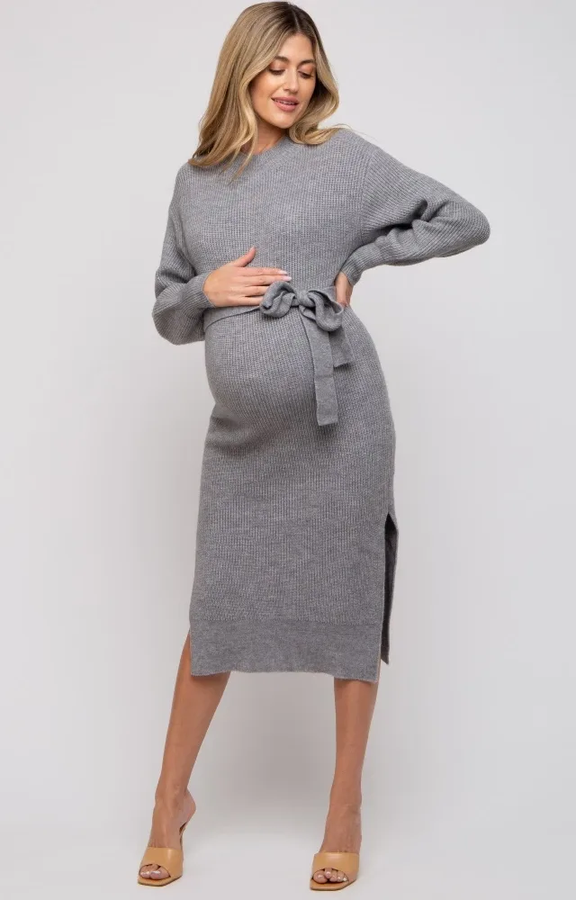 Heather Grey Side Slit Maternity Sweater Midi Dress