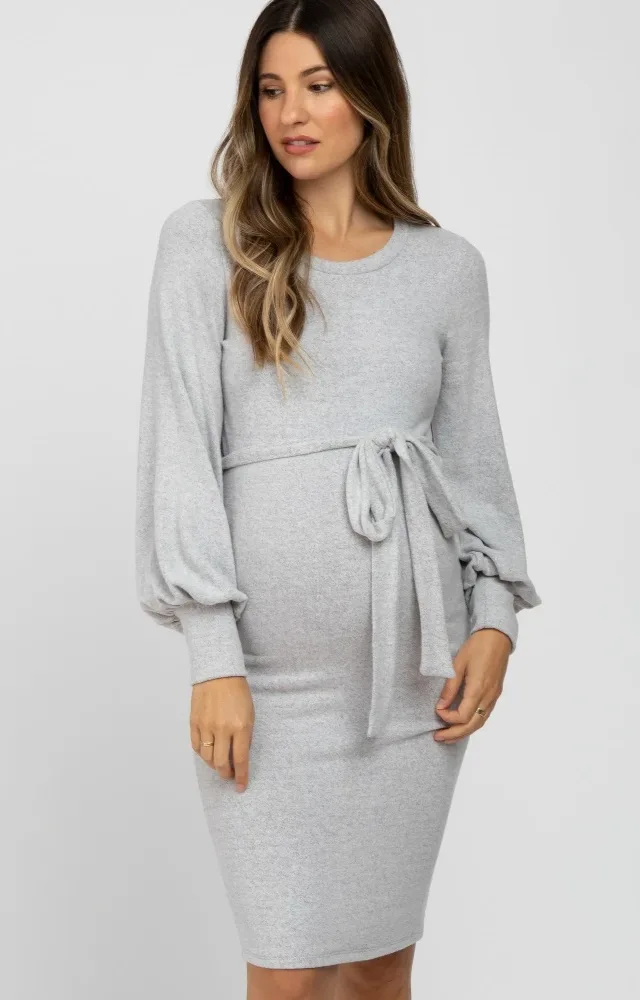 Heather Grey Soft Brushed Waist Tie Bubble Sleeve Maternity Dress