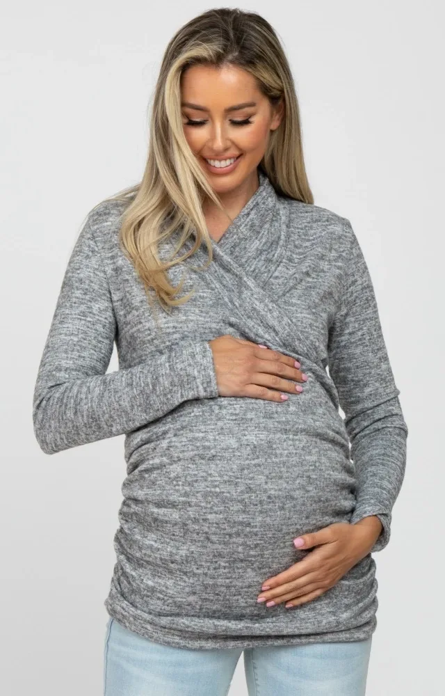 Heather Grey Soft Draped Wrap Maternity/Nursing Top