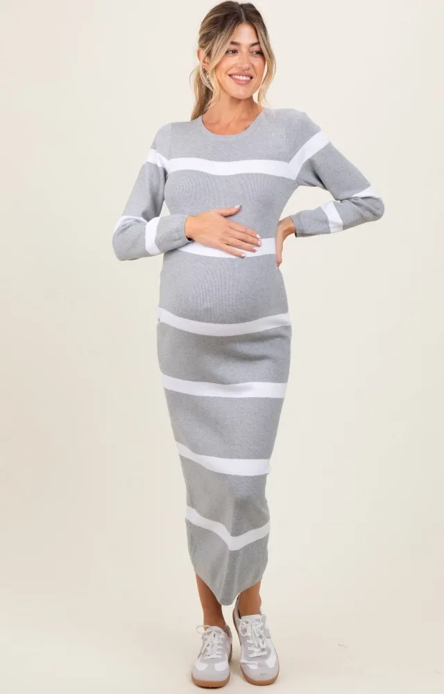 Heather Grey Striped Knit Long Sleeve Maternity Midi Sweater Dress