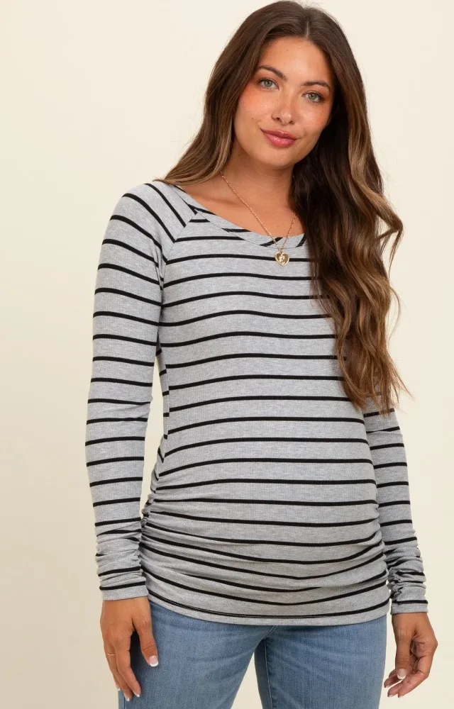 Heather Grey Striped Ruched Side Maternity Long Sleeve Top