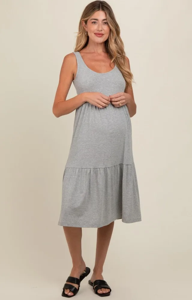 Heather Grey Tiered Sleeveless Maternity Midi Dress