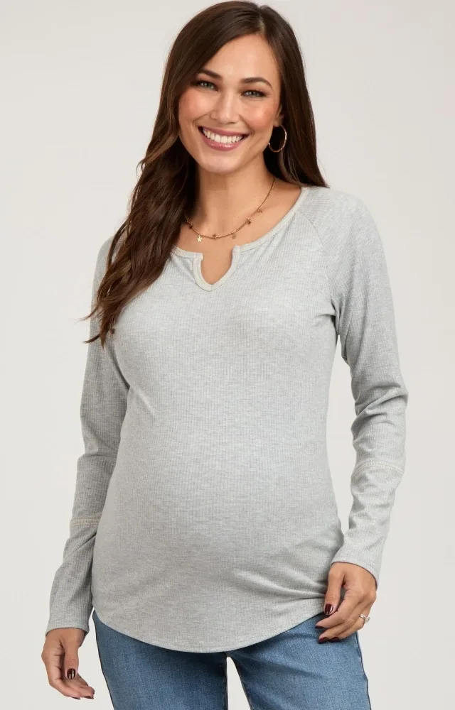 Heather Grey V-Neck Maternity Long Sleeve Shirt