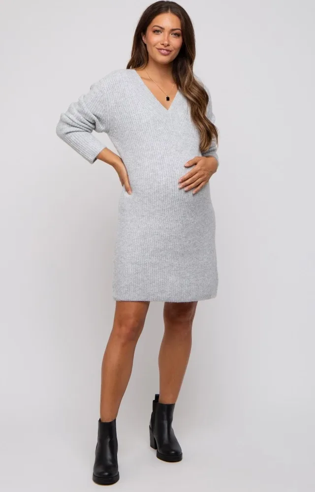 Heather Grey V-Neck Oversized Maternity Sweater Dress