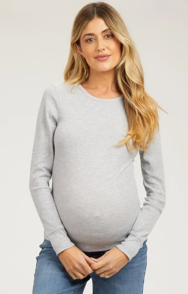 Heather Grey Waffle Knit Long Sleeve Maternity Top