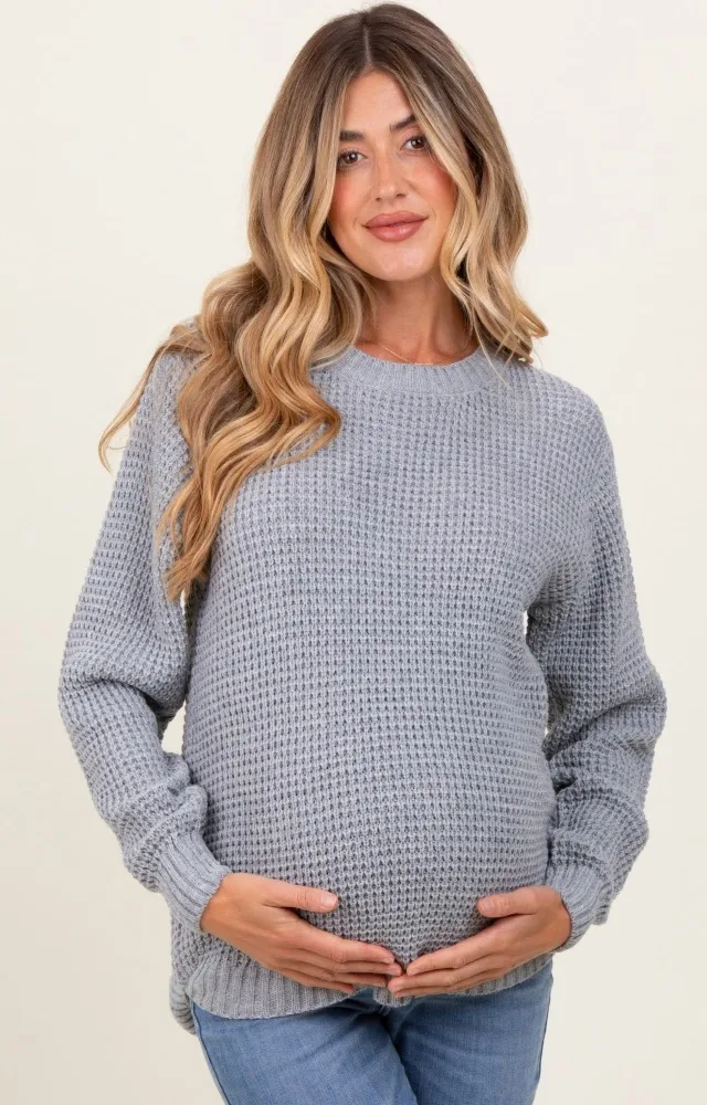 Heather Grey Waffle Knit Rounded Hem Maternity Sweater