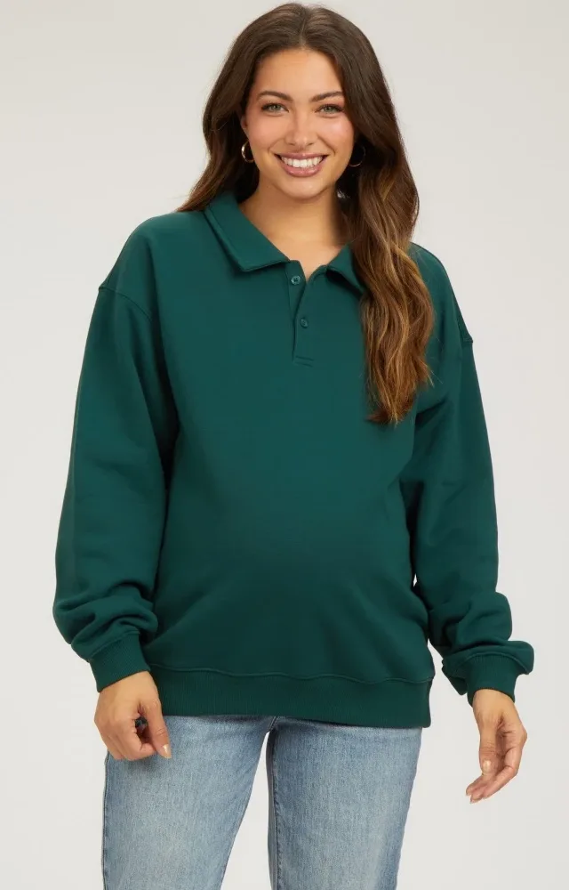 Hunter Green Collared Pullover Maternity Sweatshirt