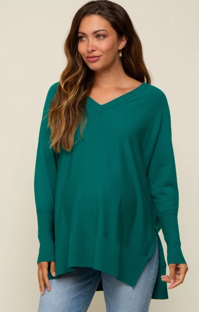 Hunter Green Knit Long Dolman Sleeve Maternity Top