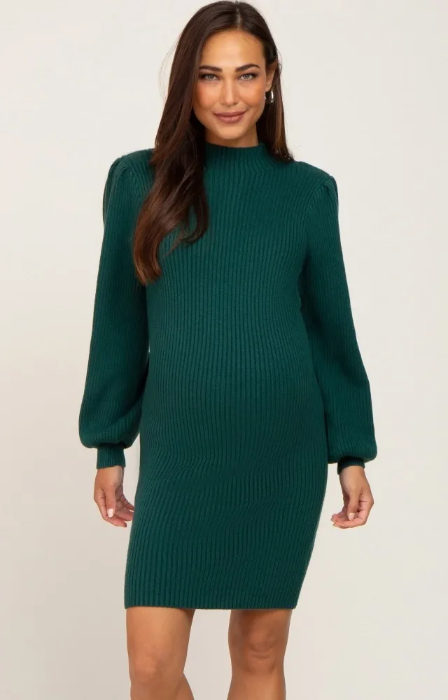 Hunter Green Mock Neck Puff Sleeve Knit Dress