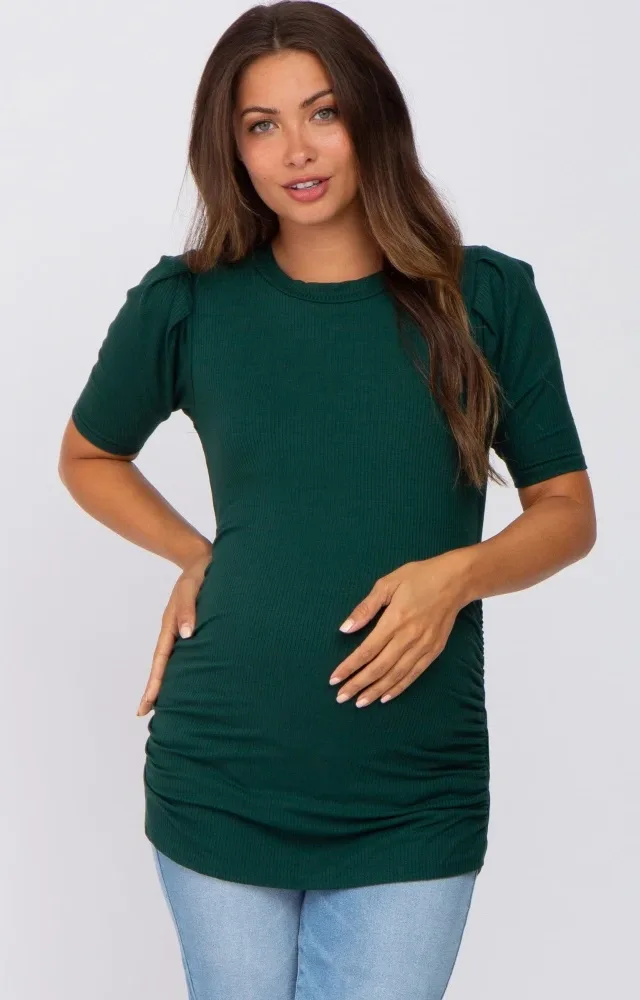 Hunter Green Ribbed Ruched Fitted Maternity Top