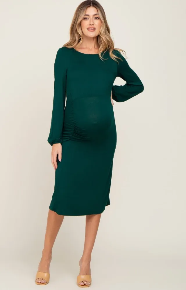 Hunter Green Ruched Maternity Midi Dress