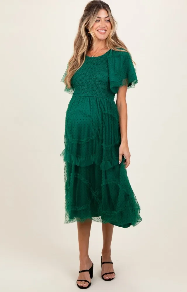 Hunter Green Smocked Ruffled Mesh Maternity Midi Dress