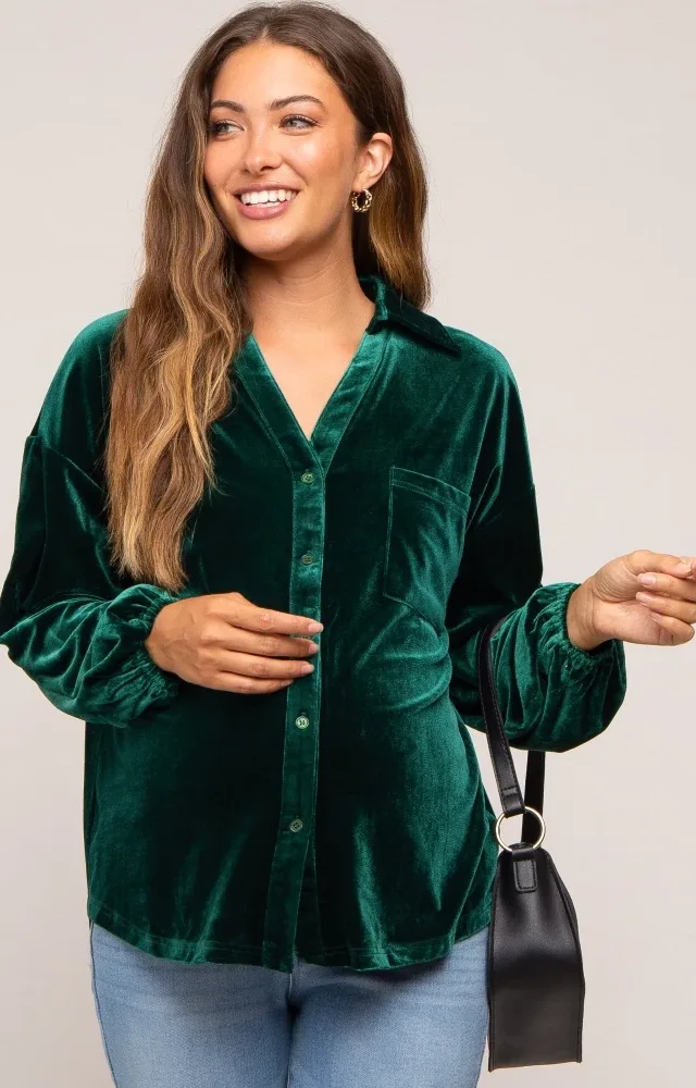 Hunter Green Velvet Button Front Collared Maternity Blouse