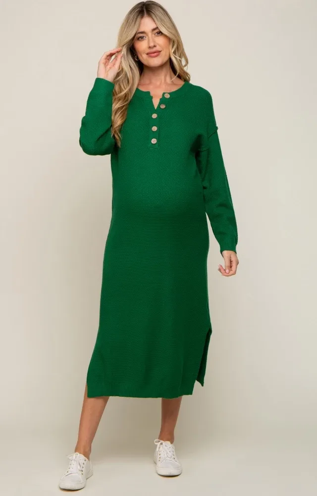 Hunter Green Waffle Knit Button Long Sleeve Maternity Midi Dress