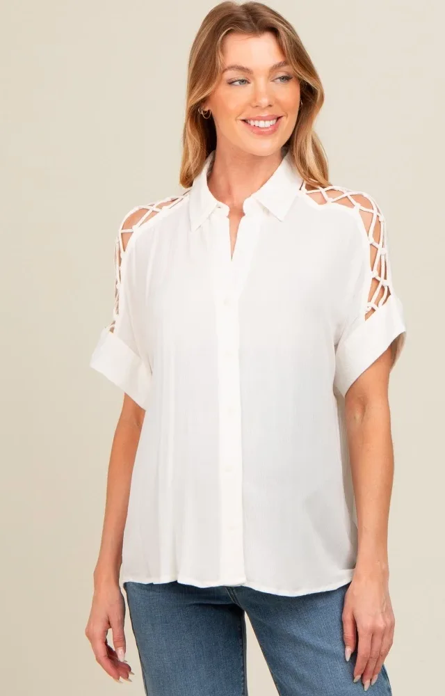 Ivory Button Down Lace-Up Shoulder Maternity Top