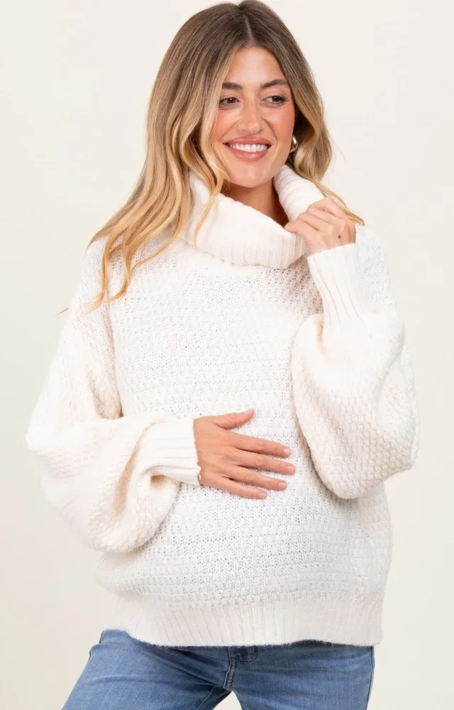 Ivory Chunky Knit Turtleneck Maternity Sweater