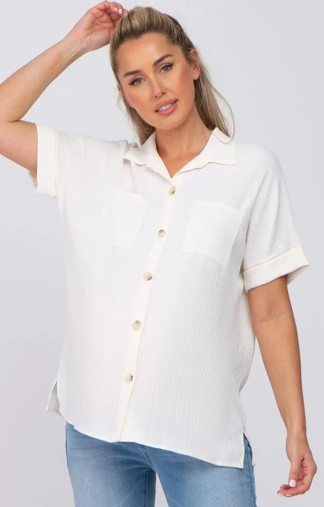 Ivory Collared Button-Down Short Sleeve Maternity Blouse