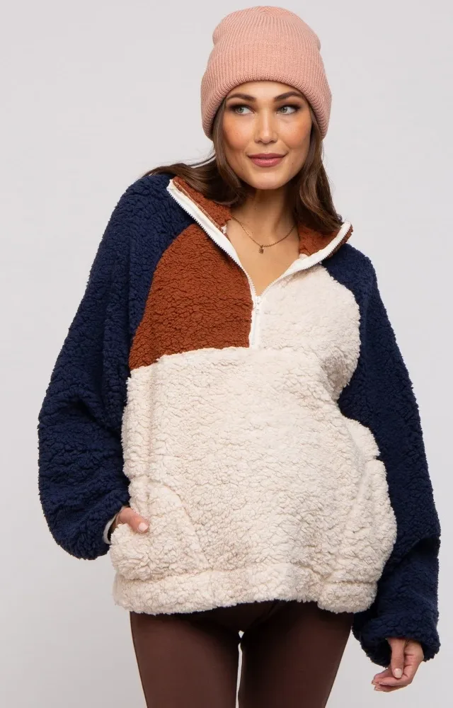 Ivory Colorblock Oversized Fleece Maternity Pullover Top