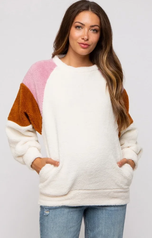 Ivory Colorblock Soft Fleece Pullover Maternity Sweater