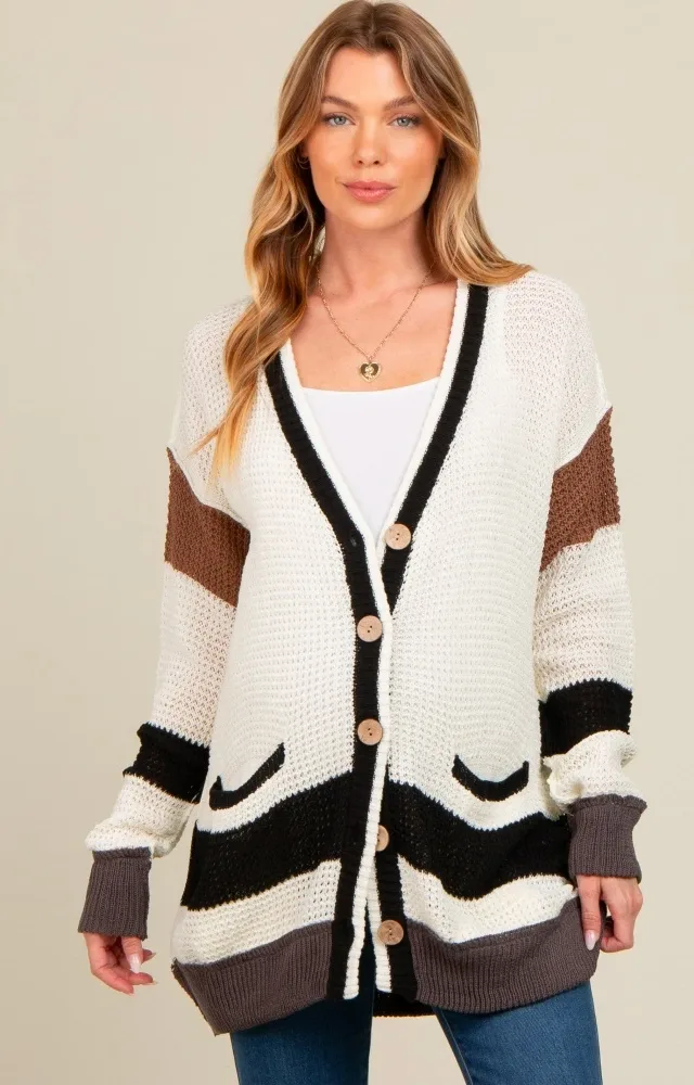 Ivory Crochet Knit Stripe Detail Oversized Maternity Cardigan