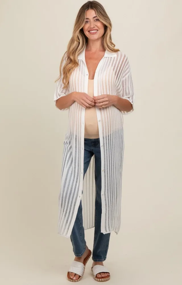 Ivory Distressed Collared Maternity Cover-Up