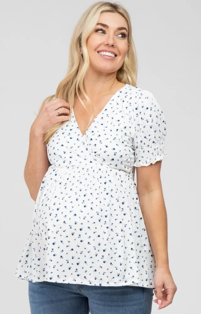 Ivory Ditsy Floral Smocked Sleeve Maternity Wrap Top