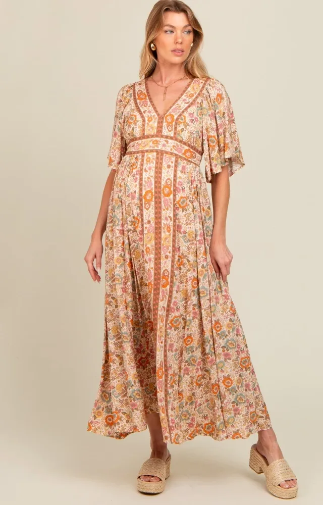 Ivory Floral Border Print Flutter Sleeve Maternity Maxi Dress