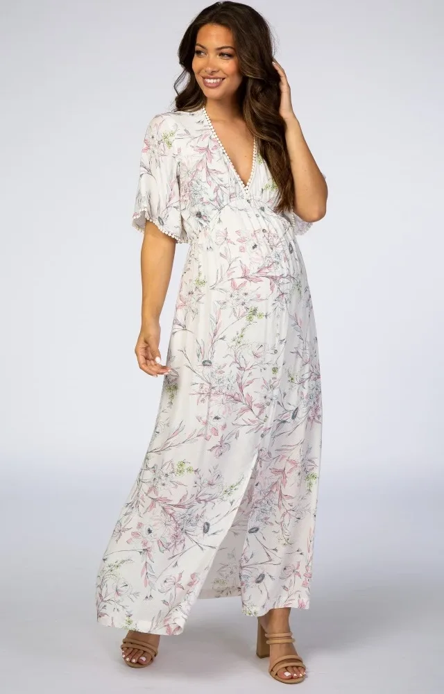 Ivory Floral Button Front Maternity Dress