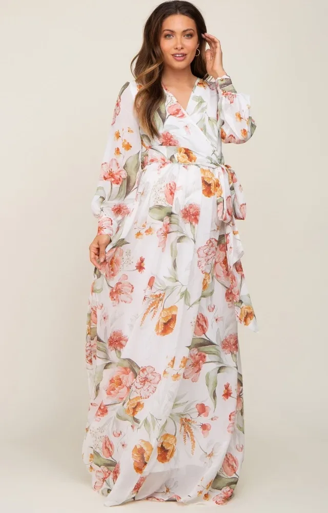 Ivory Floral Chiffon Long Sleeve Maternity Maxi Dress